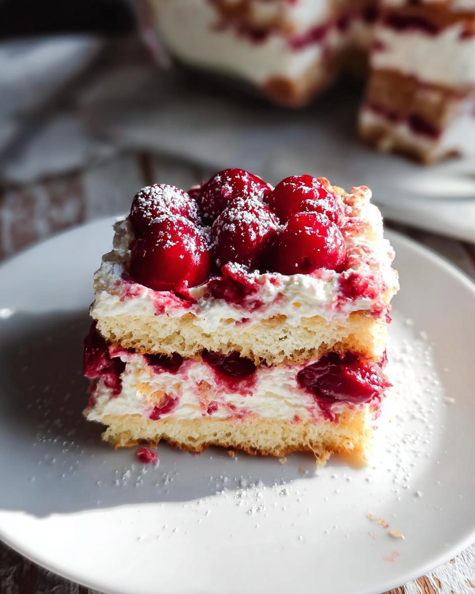 A delicious slice of Cherry Amaretto Tiramisu, layered with cake, cream, and cherries, topped with fresh cherries and powdered sugar.