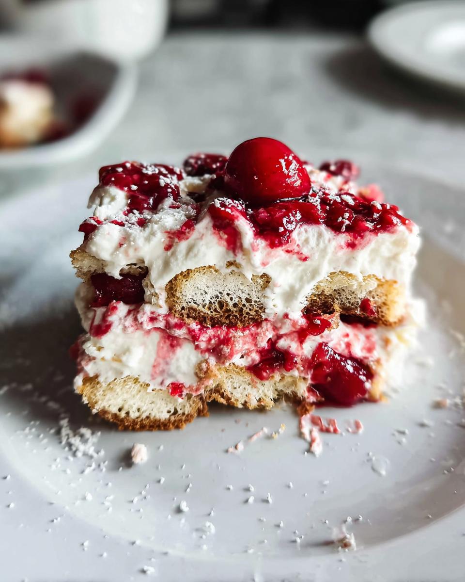 A close-up of a slice of Cherry Amaretto Tiramisu, featuring layers of ladyfingers, cream, and cherry compote, topped with a cherry.