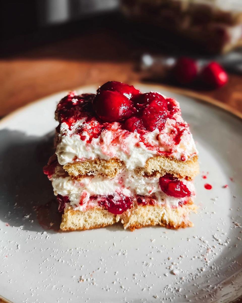 A slice of Cherry Amaretto Tiramisu on a white plate, featuring layers of ladyfingers, cream, and cherries.