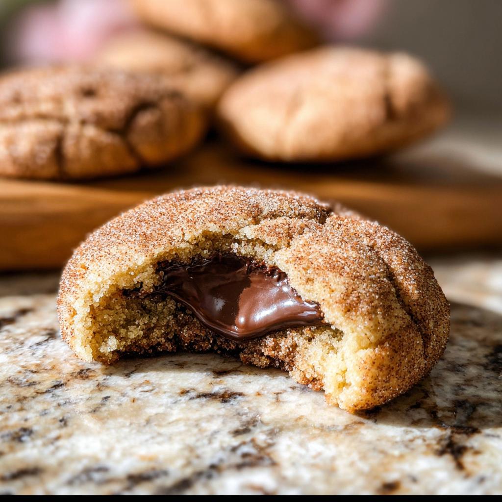A close-up of a chewy churro cookie, coated in cinnamon sugar, with a gooey melted chocolate center revealed.