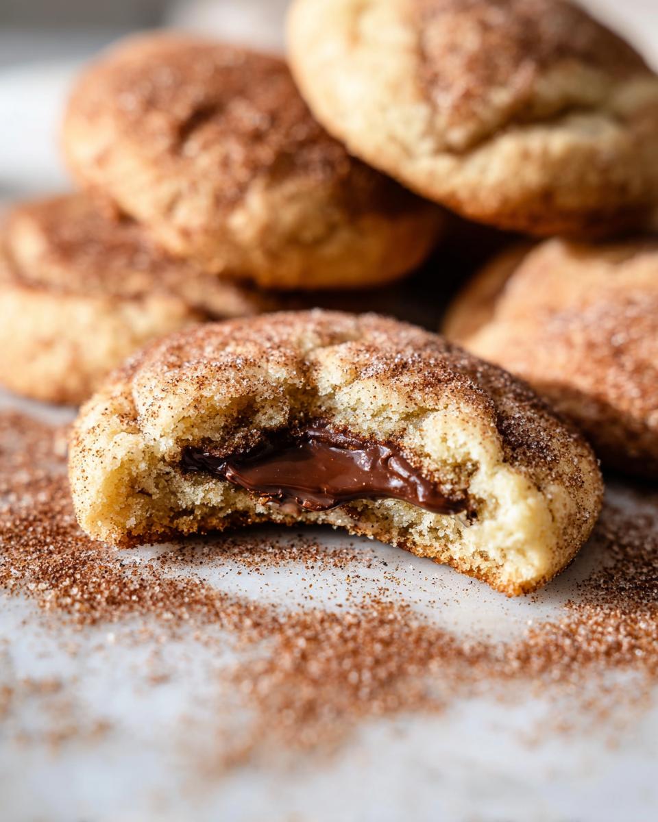 A close-up of a chewy churro cookie, broken in half to reveal a gooey chocolate center. The cookie is coated in cinnamon sugar.