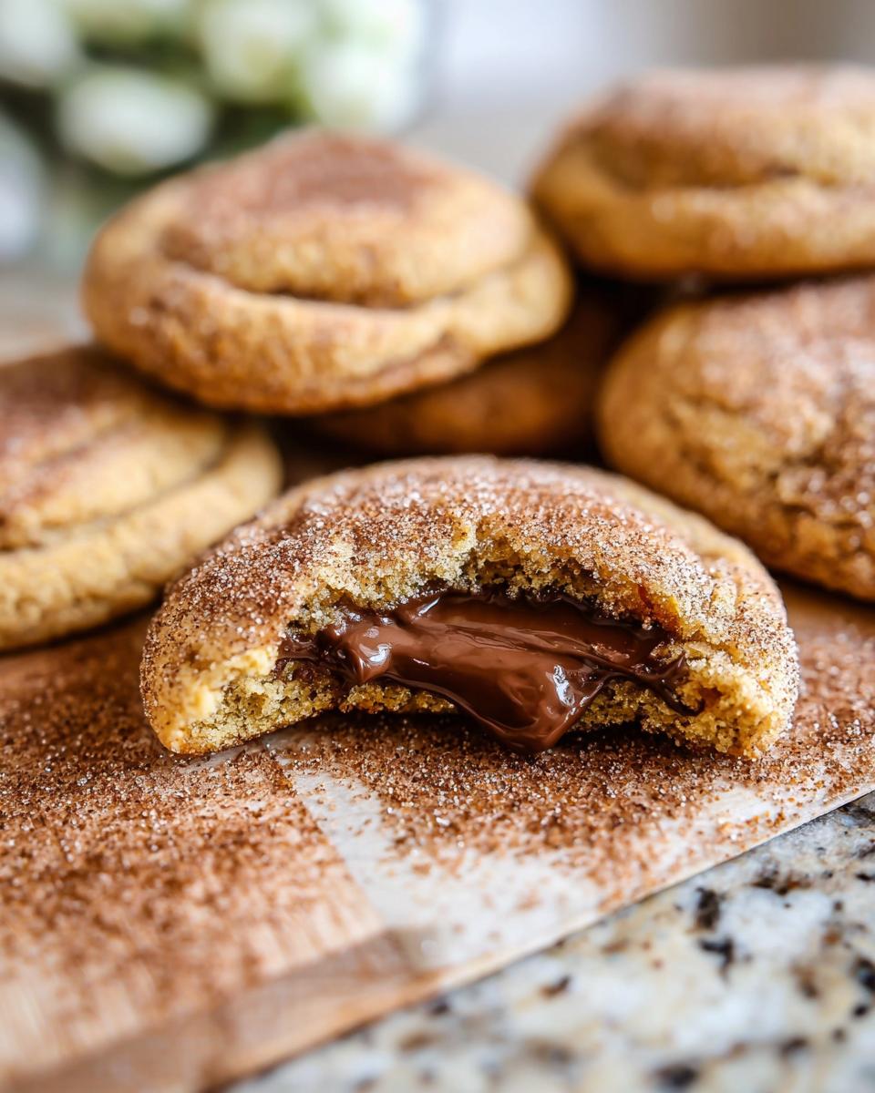 A close-up of a chewy churro cookie, broken open to reveal a gooey, molten chocolate filling. The cookie is coated in cinnamon sugar.