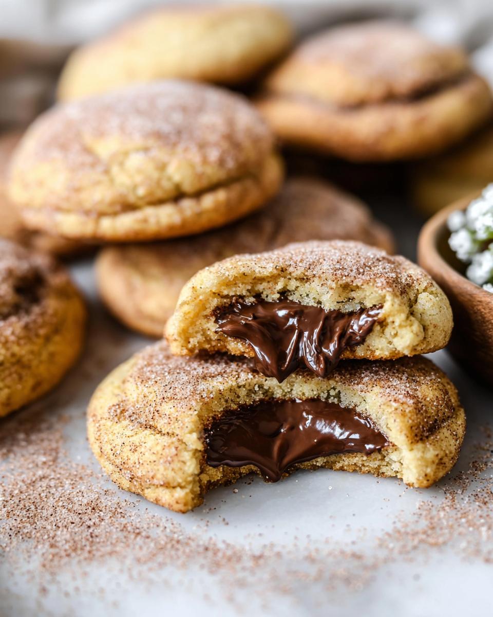Close-up of two chewy churro cookies, one on top of the other, revealing a gooey, molten chocolate center.