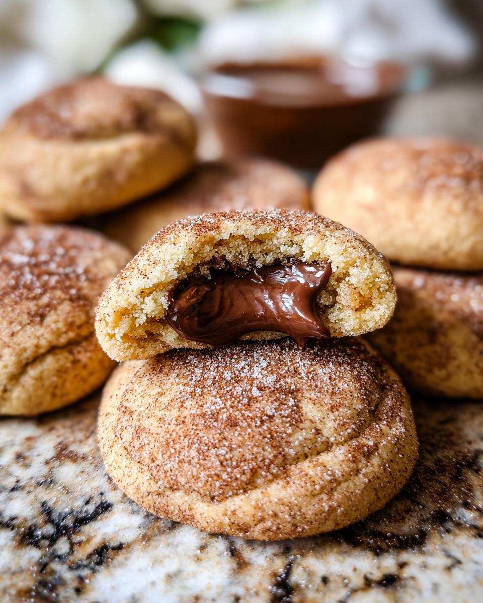 Close-up of a chewy churro cookie, split open to reveal a rich chocolate filling. The cookie is coated in cinnamon sugar.