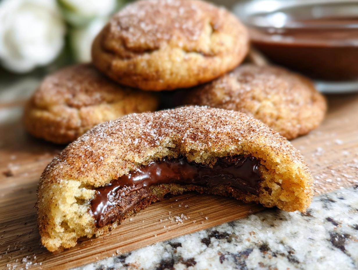 A close-up of a chewy churro cookie, broken in half to reveal a rich chocolate filling. The cookie is coated in cinnamon sugar.