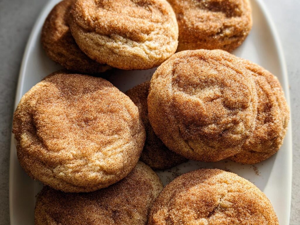 A close-up of several Chewy Churro Cookies, generously coated in cinnamon sugar, piled on a white platter.