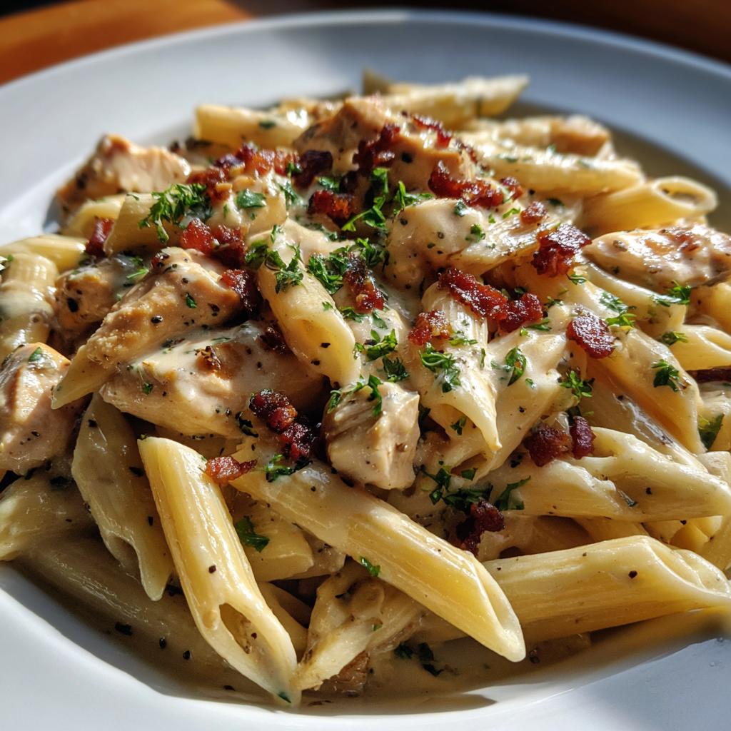 A close-up of Chicken Bacon Ranch Penne pasta, coated in creamy sauce and topped with bacon bits and parsley.