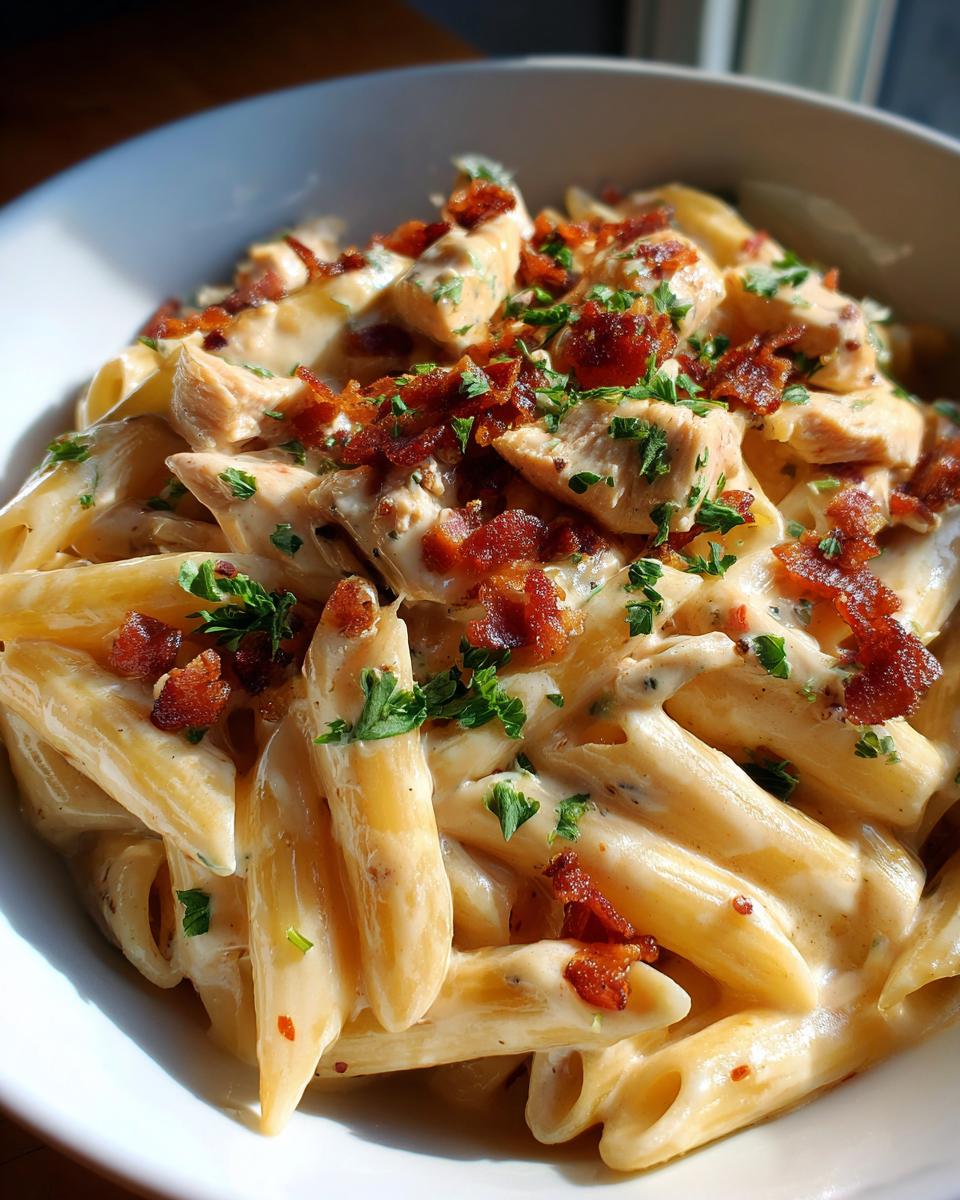 A close-up of creamy chicken bacon ranch penne pasta, topped with crumbled bacon and fresh parsley.