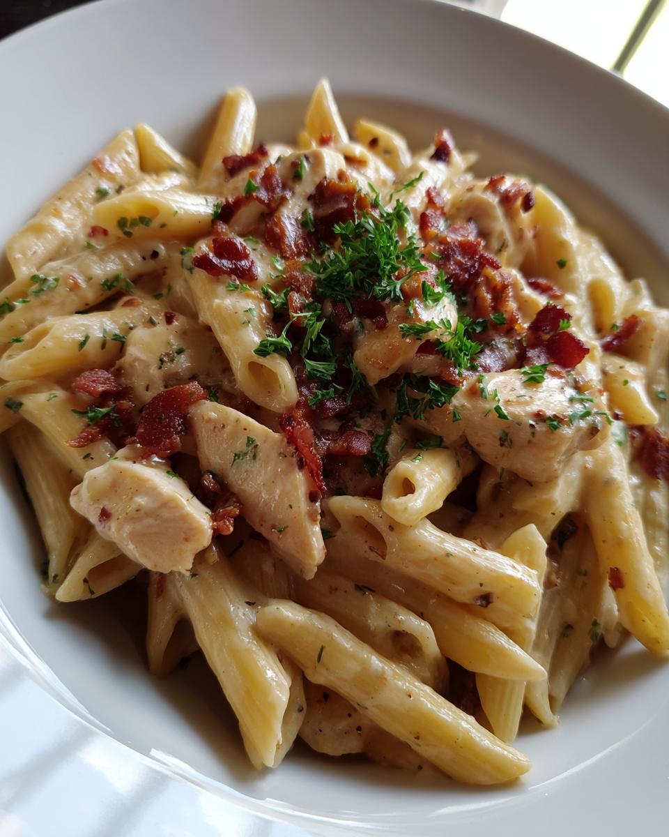 A close-up of creamy Chicken Bacon Ranch Penne pasta, topped with crispy bacon bits and fresh parsley.
