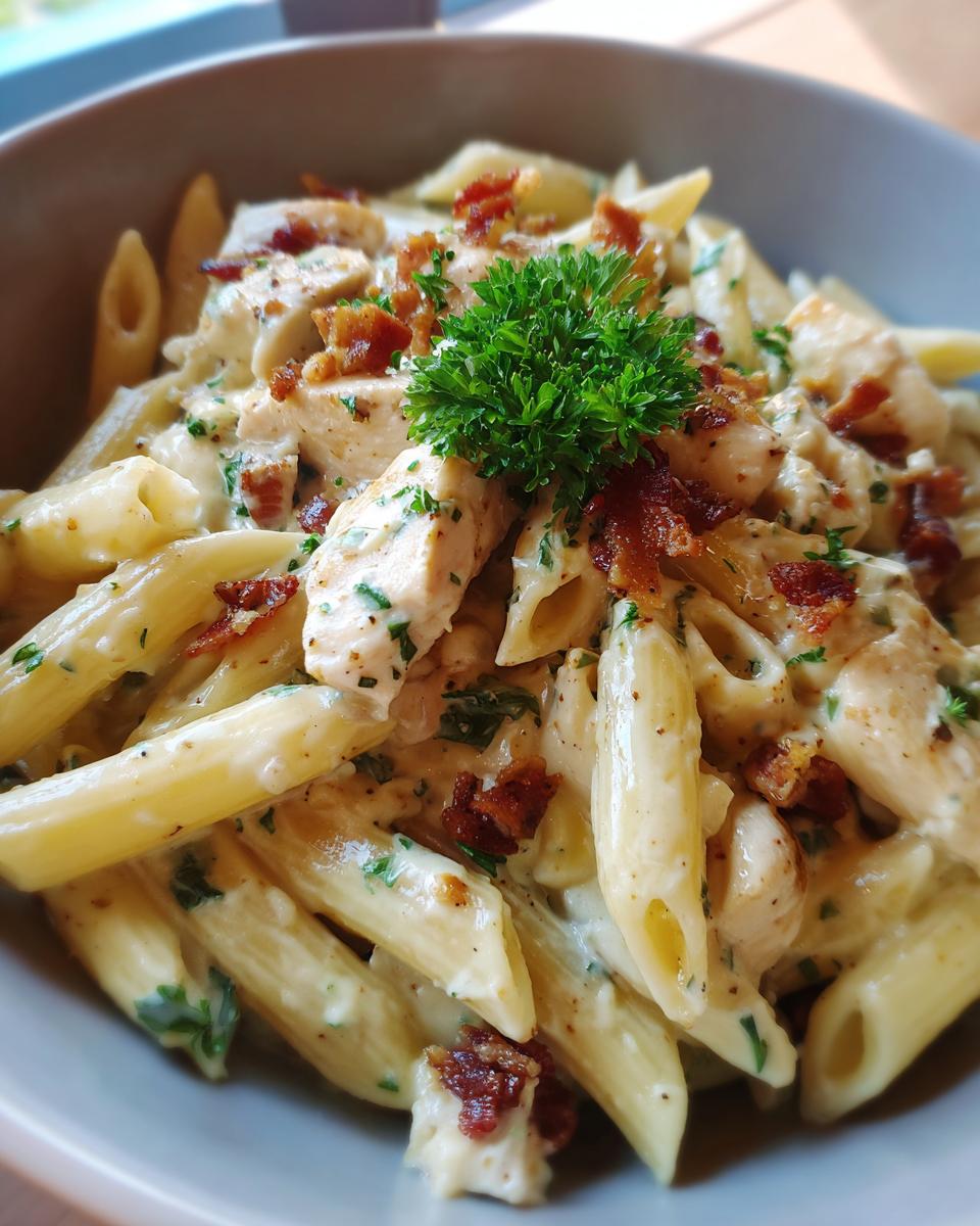 Close-up of creamy Chicken Bacon Ranch Penne pasta topped with crispy bacon bits and fresh parsley.