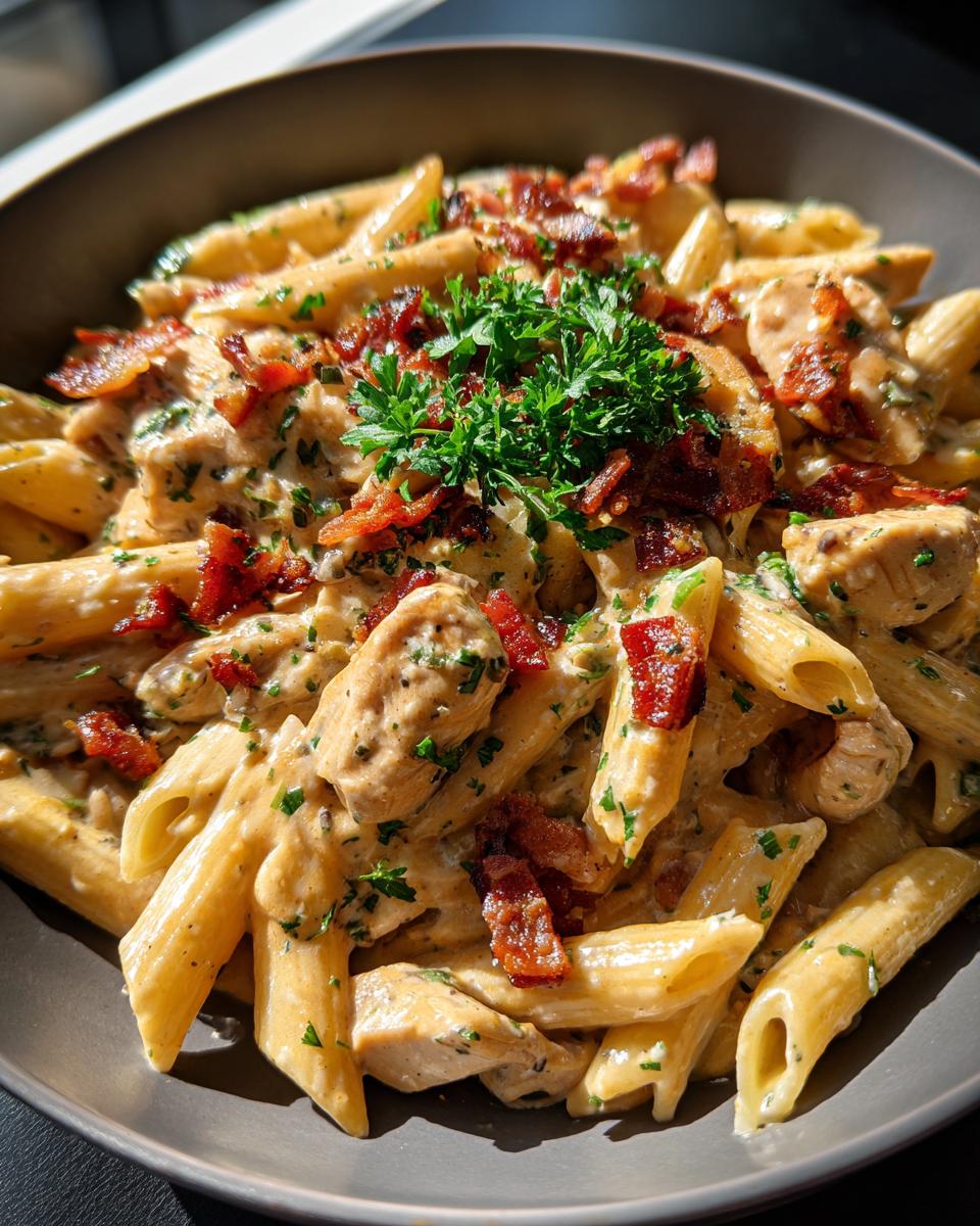 A close-up of delicious Chicken Bacon Ranch Penne Pasta in a bowl, garnished with parsley.