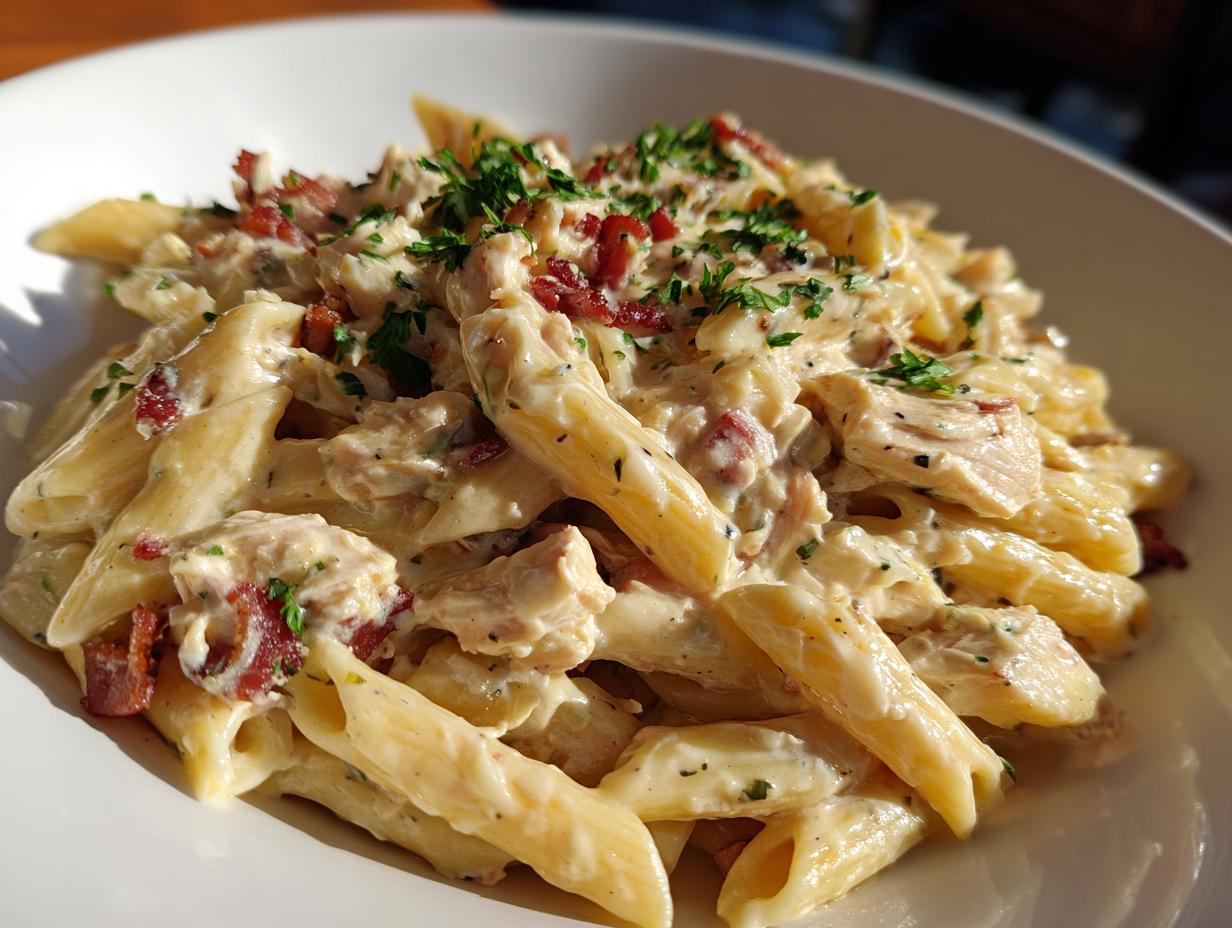A close-up of creamy Chicken Bacon Ranch Penne pasta, garnished with fresh parsley.