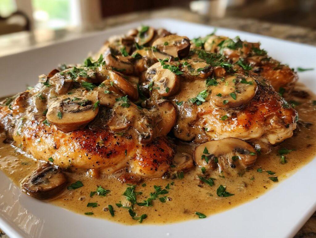 Juicy chicken breast with a rich, creamy mushroom skillet sauce and fresh parsley garnish.