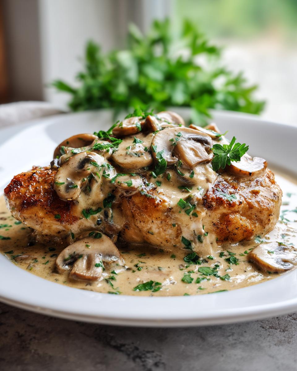 A juicy chicken breast topped with creamy mushroom sauce and fresh parsley, part of chicken breast recipes with creamy mushroom skillet sauce.
