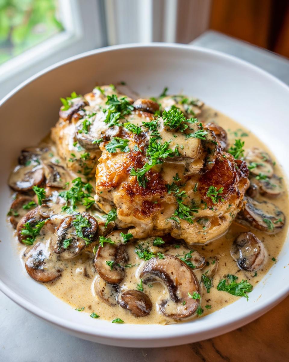 Close-up of pan-seared chicken breast topped with creamy mushroom skillet sauce and fresh parsley.