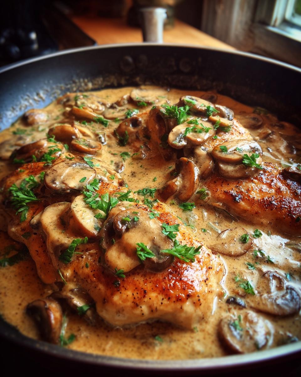 Close-up of chicken breast recipes with creamy mushroom skillet sauce, garnished with parsley.