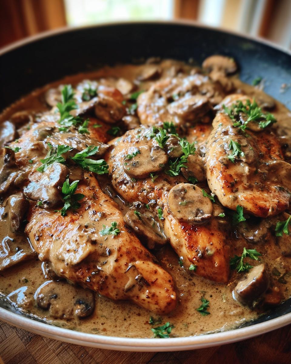 Close-up of chicken breast recipes with creamy mushroom skillet sauce, garnished with parsley.
