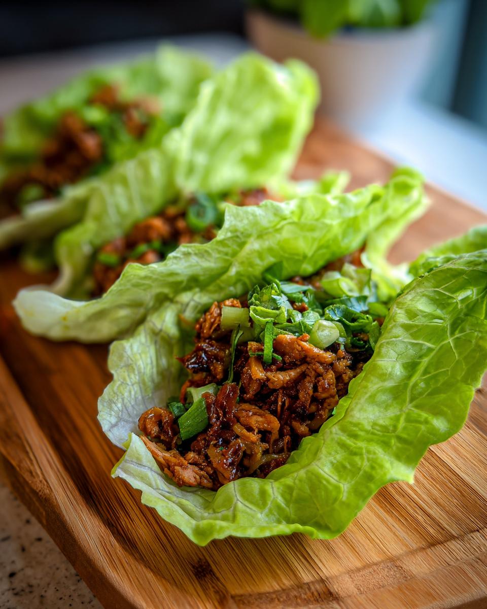 Close-up of fresh chicken lettuce wraps, a healthy lunch idea, filled with savory chicken and topped with green onions.