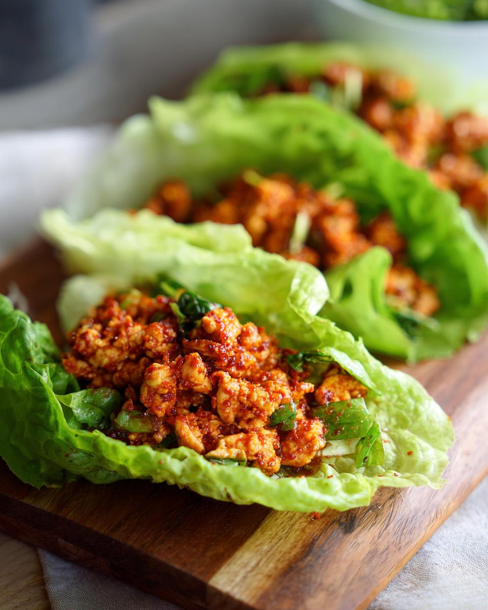 Close-up of fresh chicken lettuce wraps, a healthy lunch idea, filled with seasoned ground chicken and herbs.