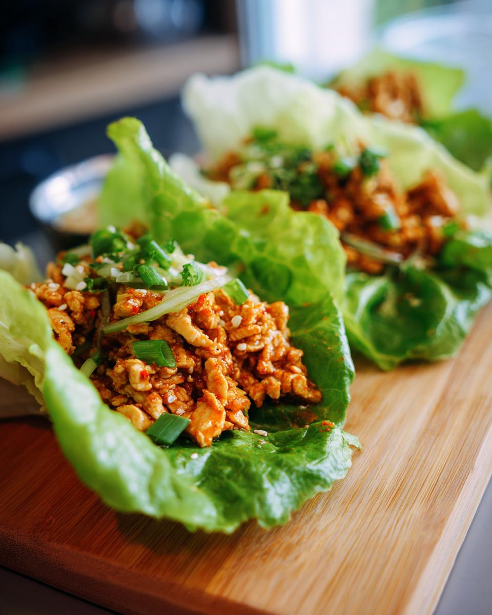Close-up of healthy chicken lettuce wraps filled with seasoned chicken and topped with green onions.