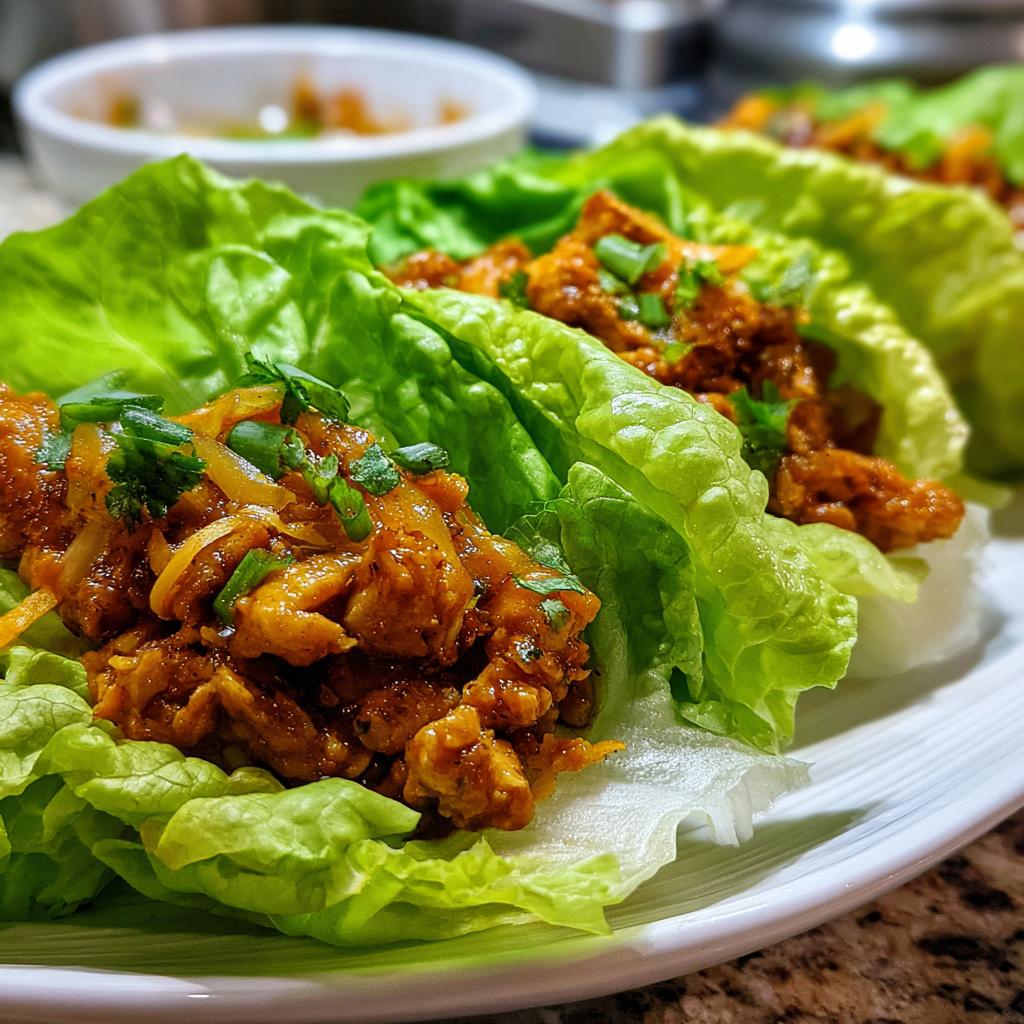 Close-up of fresh chicken lettuce wraps, a healthy lunch idea, filled with savory chicken and topped with green onions.