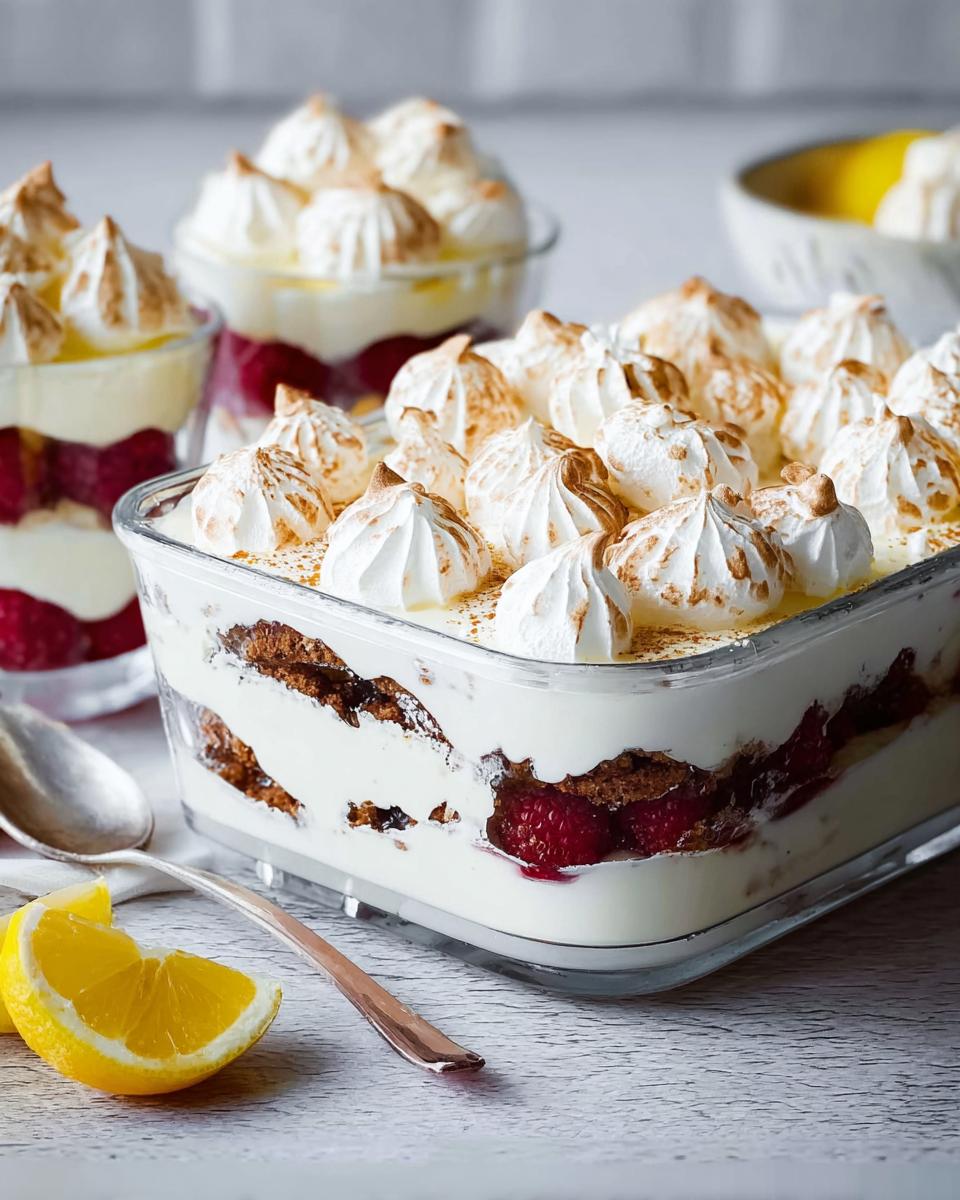 A delicious Chocolade Lasagne dessert with layers of cream, raspberries, and meringue topping.