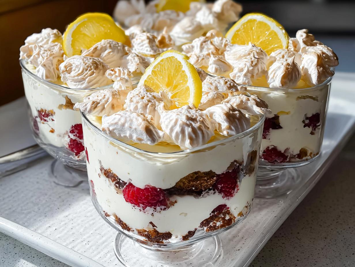 Close-up of individual servings of Chocolade Lasagne dessert, layered with cream, raspberries, and meringue, topped with lemon slices.