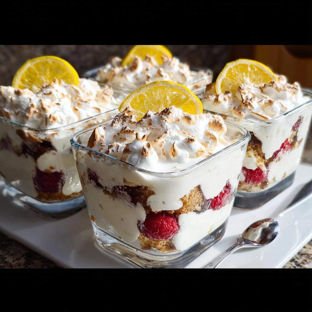 Close-up of individual servings of Chocolade Lasagne dessert with raspberries, cream, and toasted meringue, topped with lemon slices.