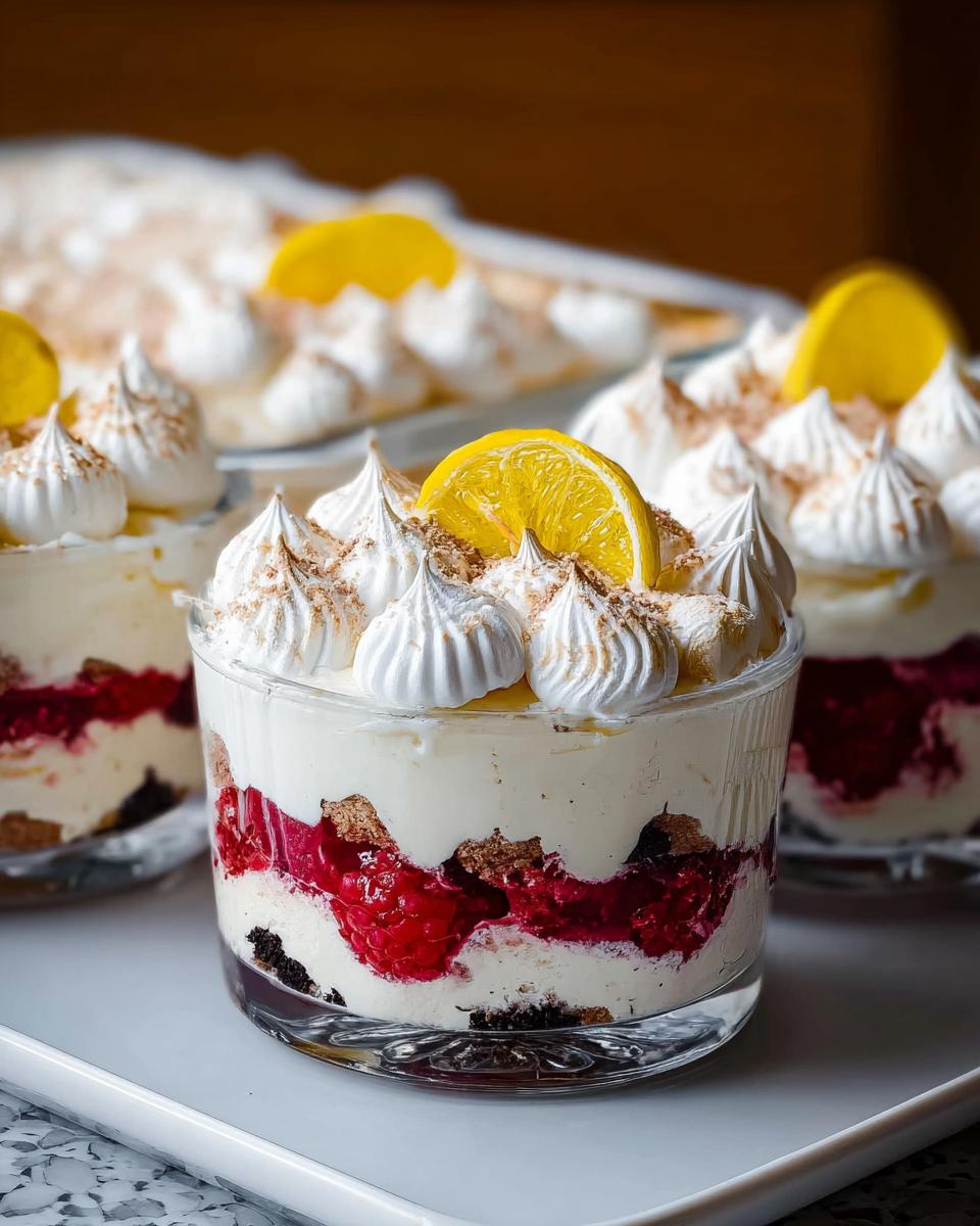 Close-up of a layered Chocolade Lasagne dessert in a glass, featuring raspberries, cream, cookie crumbs, and topped with meringue and lemon slices.