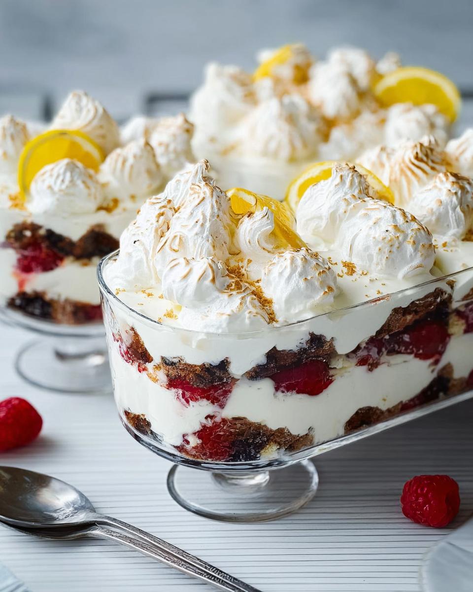 Close-up of a decadent Chocolade Lasagne dessert in a glass trifle bowl, layered with cream, berries, and cake, topped with meringue and lemon slices.