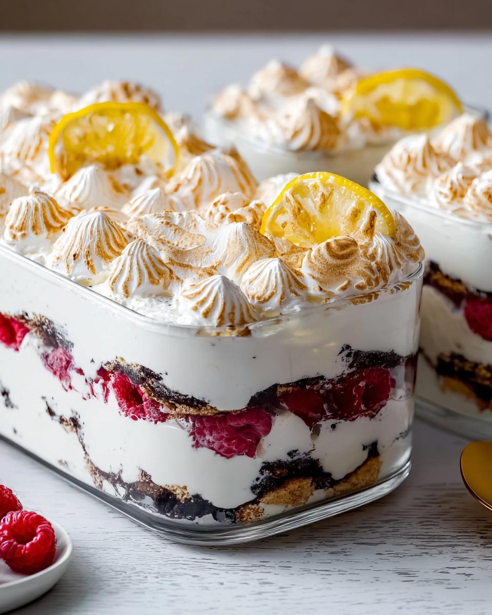 Layered Chocolade Lasagne dessert with raspberries, cookies, cream, and toasted meringue, garnished with lemon slices.