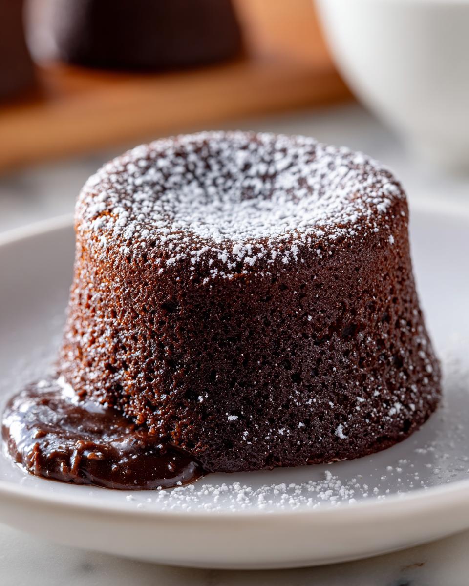 A decadent chocolate lava cake dusted with powdered sugar, with warm chocolate sauce oozing out the side.