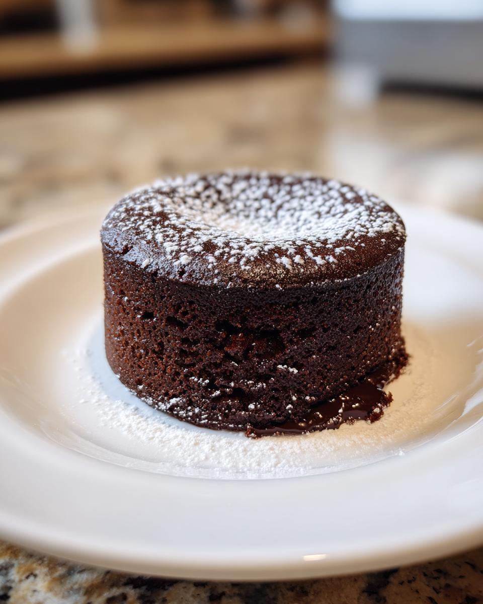 A single chocolate lava cake dusted with powdered sugar, with molten chocolate oozing from the side.