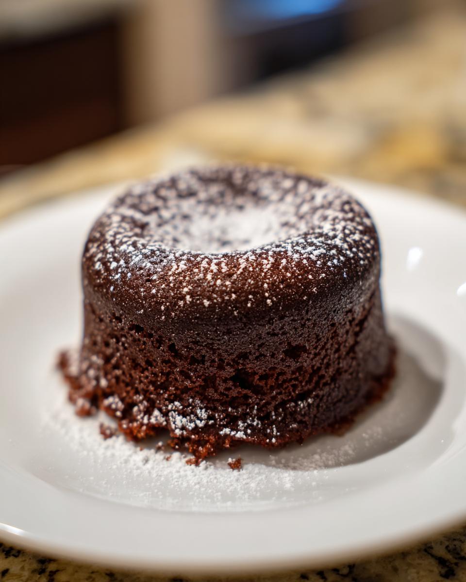 A single chocolate lava cake dusted with powdered sugar on a white plate, ready for a quick dessert.
