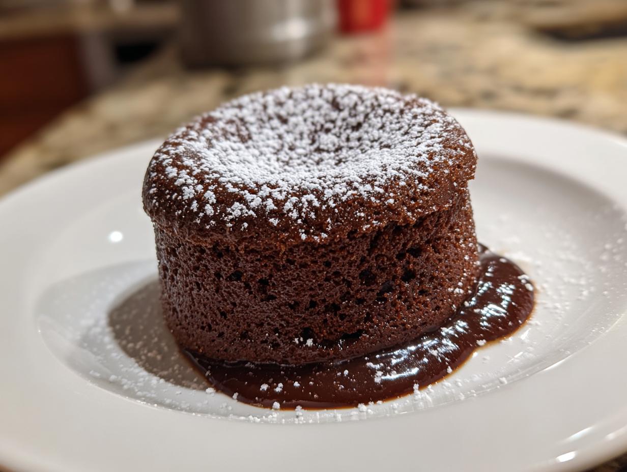 A decadent chocolate lava cake dusted with powdered sugar, served on a white plate with molten chocolate sauce.