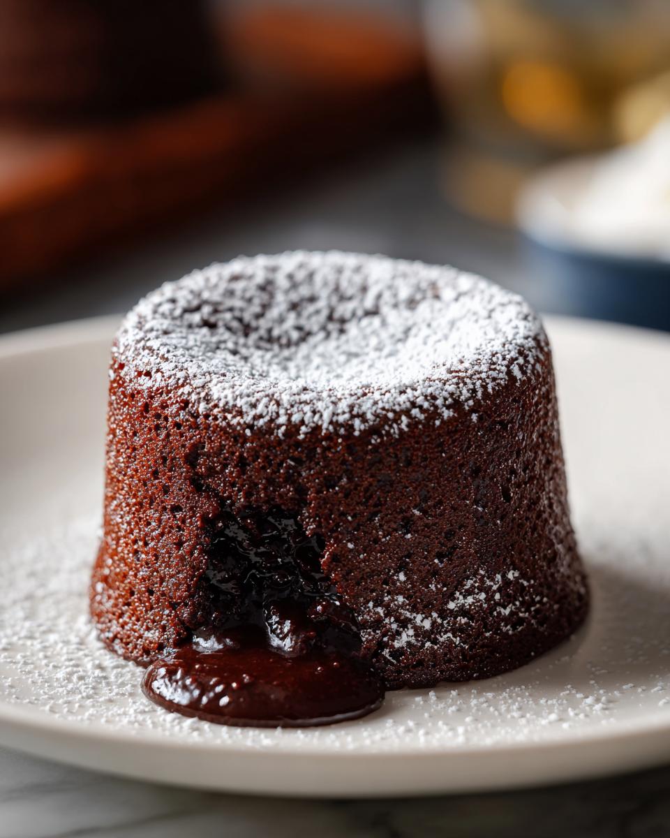 A warm chocolate lava cake, dusted with powdered sugar, with molten chocolate oozing from the center.