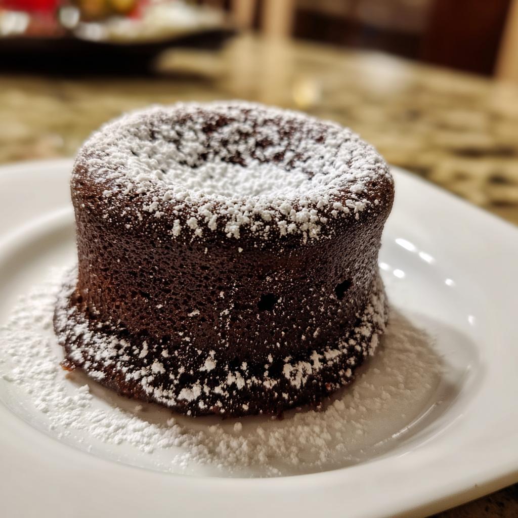 A rich chocolate lava cake dusted with powdered sugar on a white plate, perfect for dessert recipes.