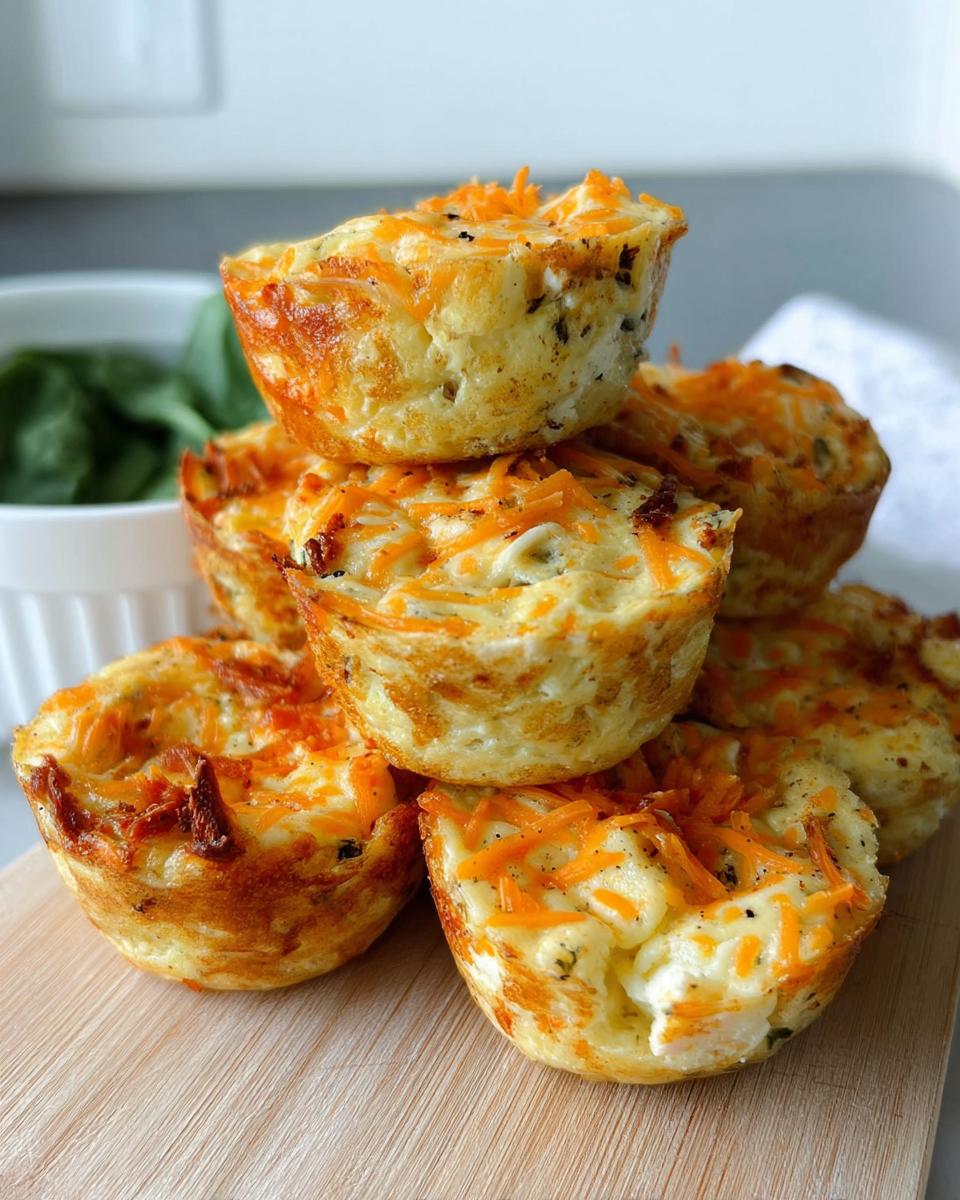 A stack of golden-brown Cinnamon Apple Cottage Cheese Bites topped with shredded cheese.