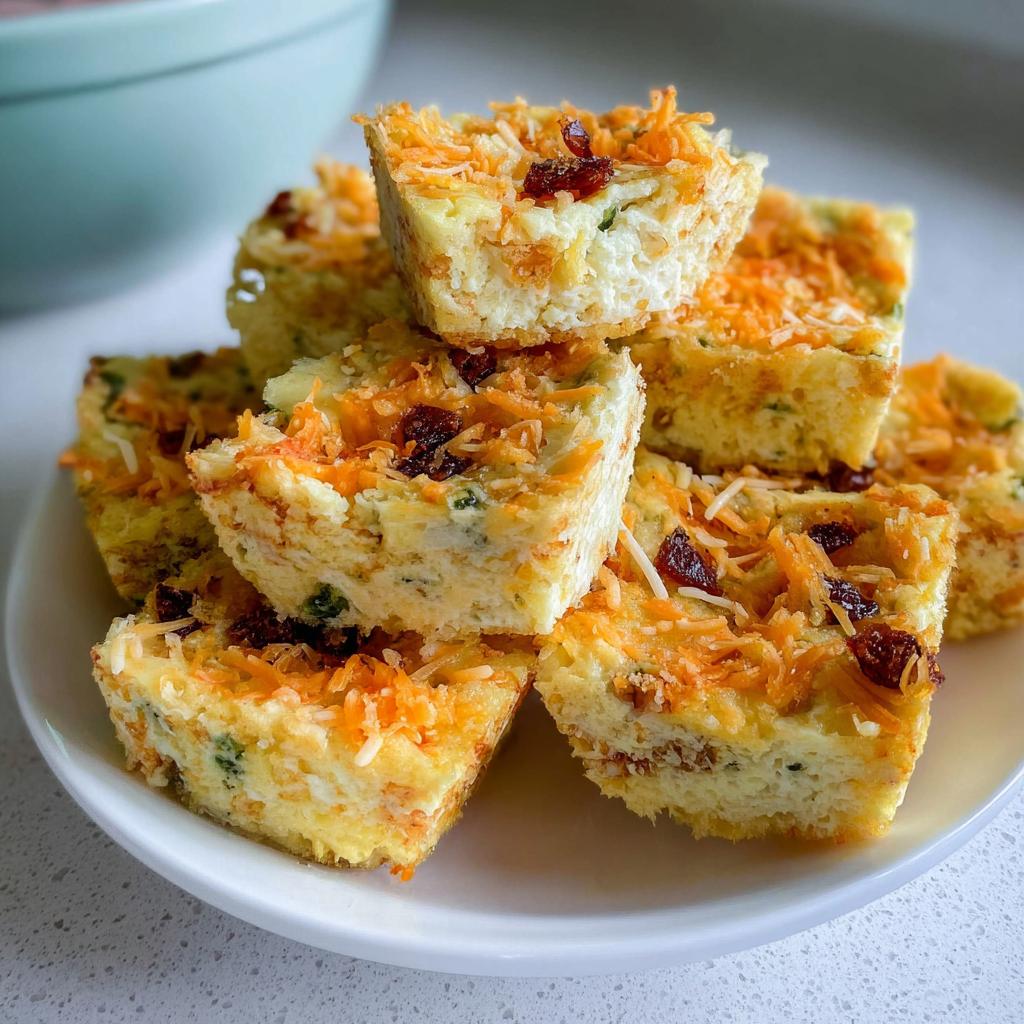 A stack of delicious Cinnamon Apple Cottage Cheese Bites topped with shredded cheese and dried cranberries.