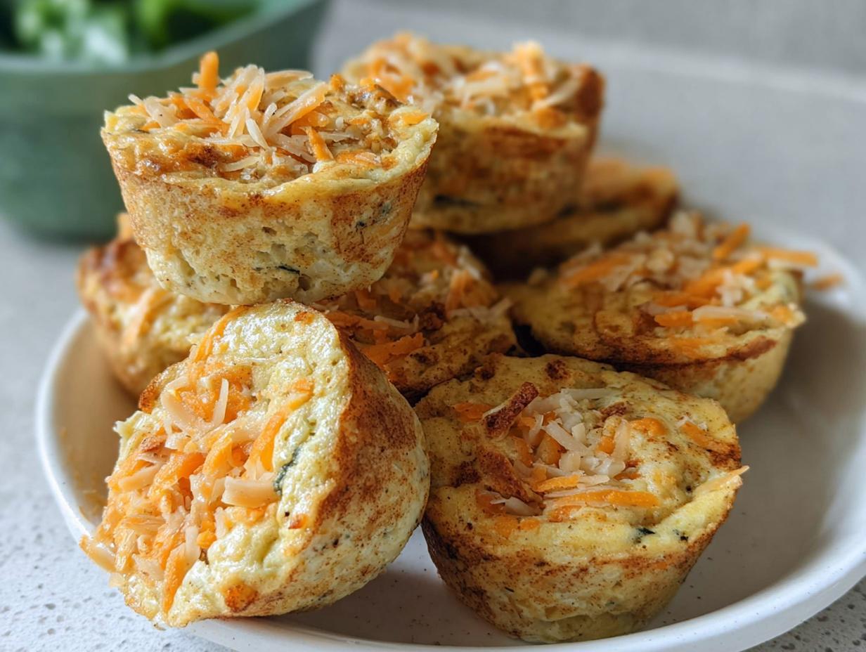 A stack of golden-brown Cinnamon Apple Cottage Cheese Bites topped with shredded cheese.