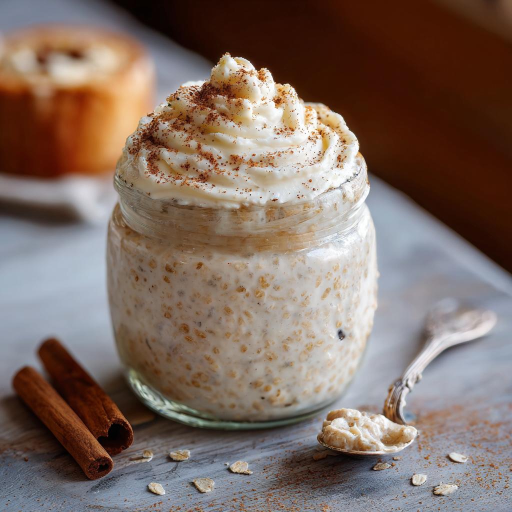 Overnight oats with cinnamon roll flavor, topped with whipped cream and cinnamon, served in a jar.