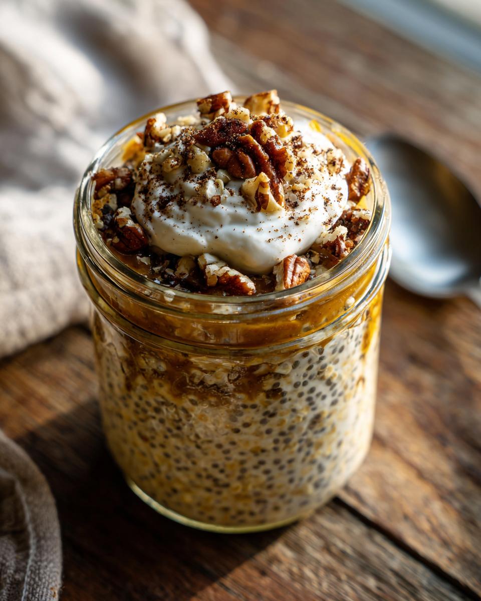 Overnight oats with cinnamon roll flavor, topped with whipped cream, pecans, and cinnamon in a mason jar.