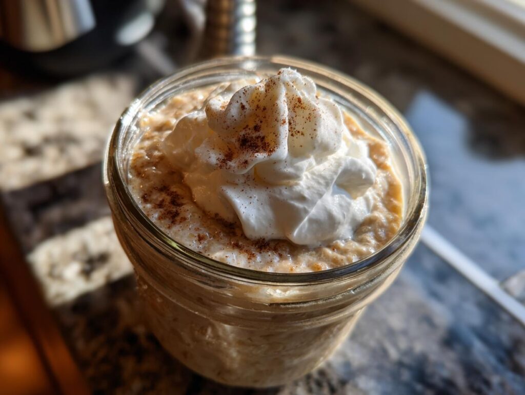 Close-up of cinnamon roll overnight oats in a jar, topped with whipped cream and cinnamon.