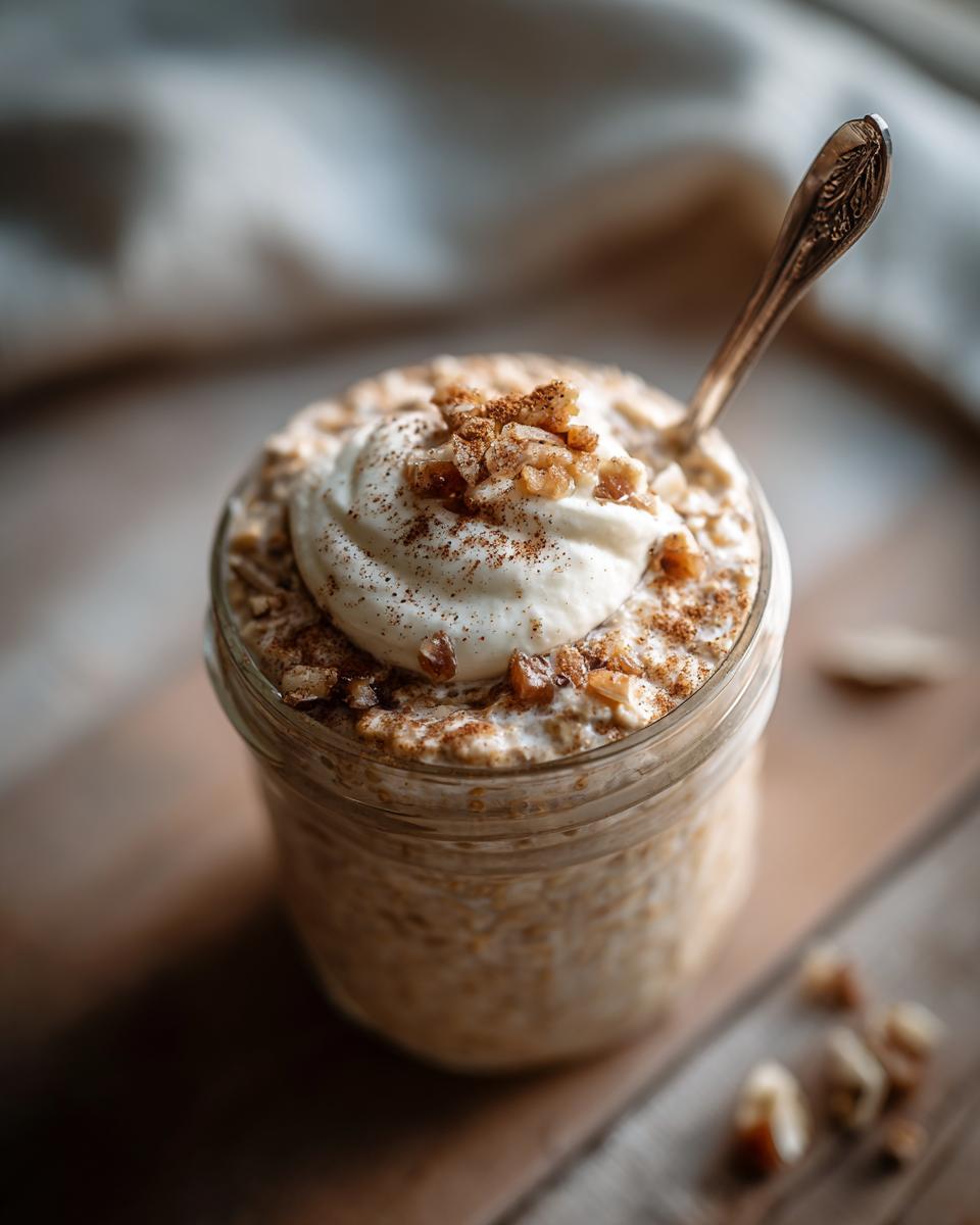 A close-up of cinnamon roll overnight oats in a jar, topped with whipped cream, cinnamon, and nuts.