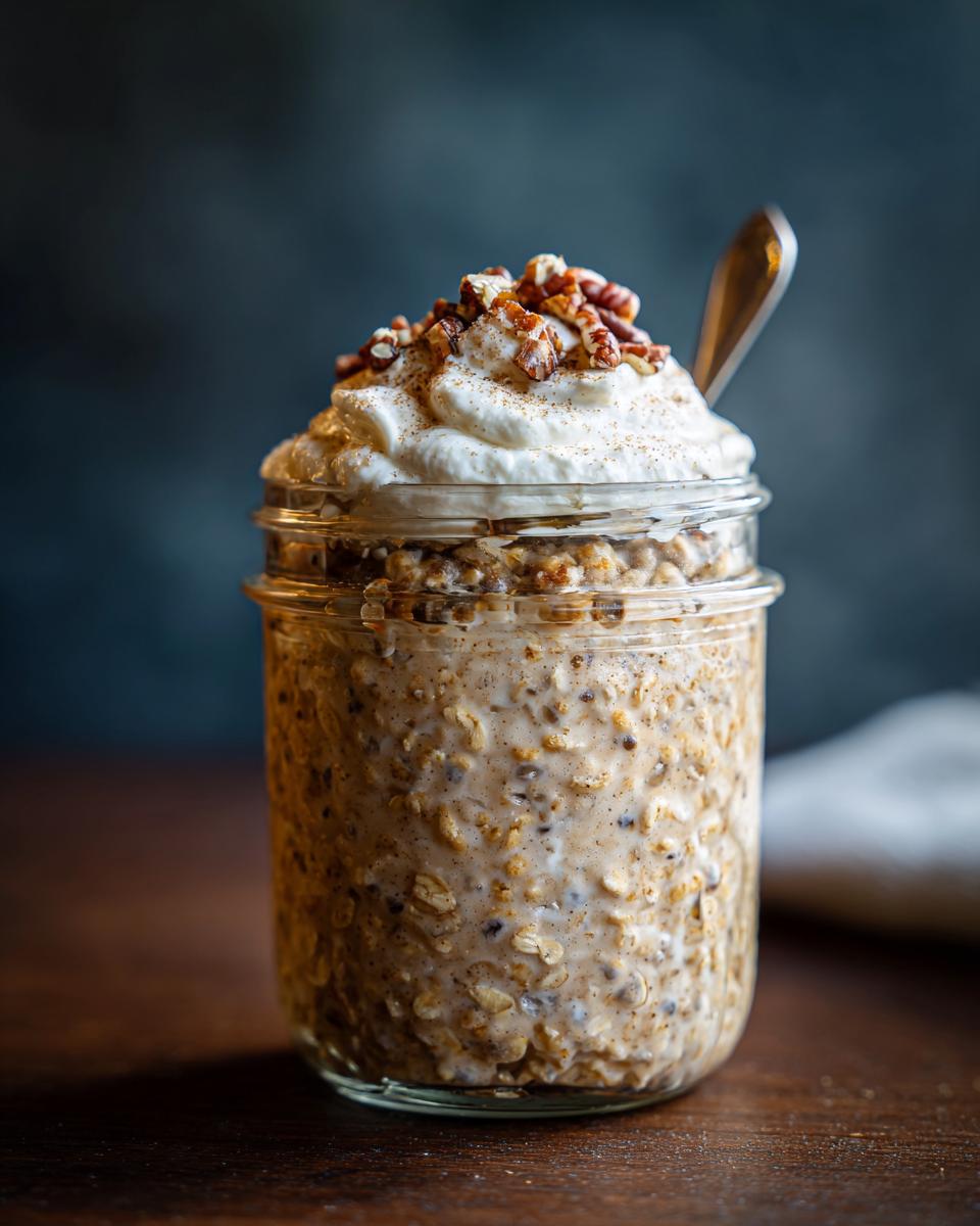 Close-up of cinnamon roll overnight oats in a jar, topped with whipped cream, pecans, and cinnamon.