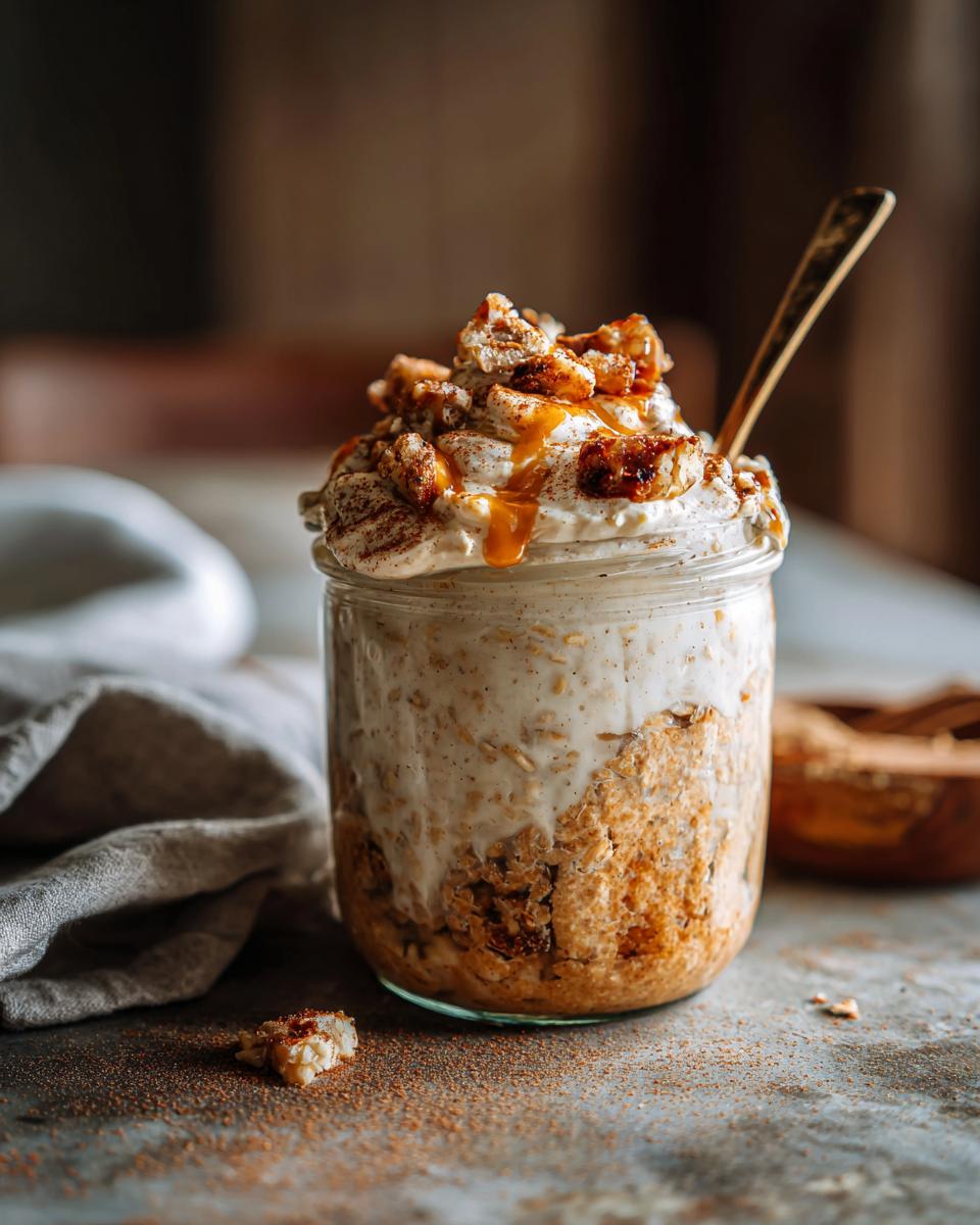 A jar of Cinnamon Roll Overnight Oats topped with whipped cream, nuts, caramel drizzle, and cinnamon.