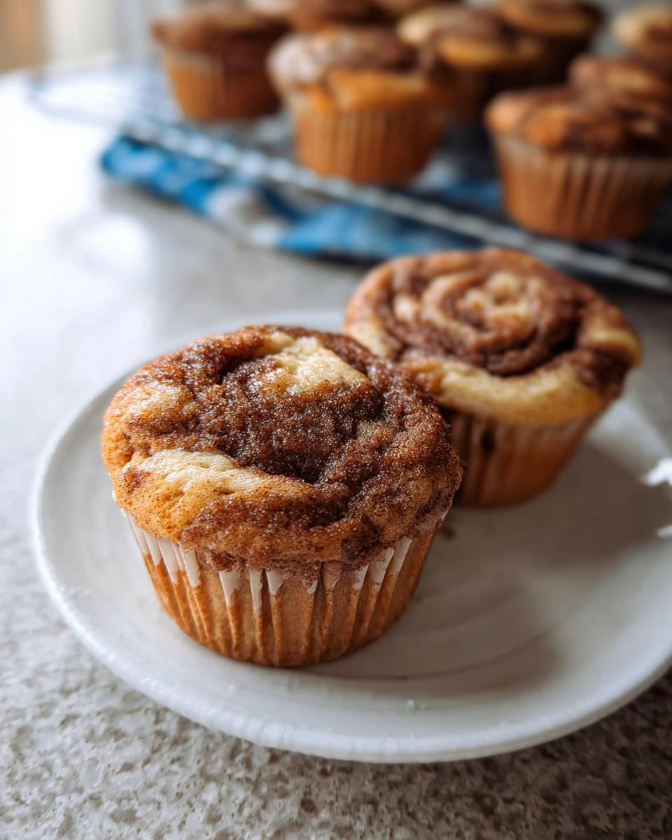 Close-up of two Cinnamon Roll Protein Muffins on a white plate, with more muffins blurred in the background.