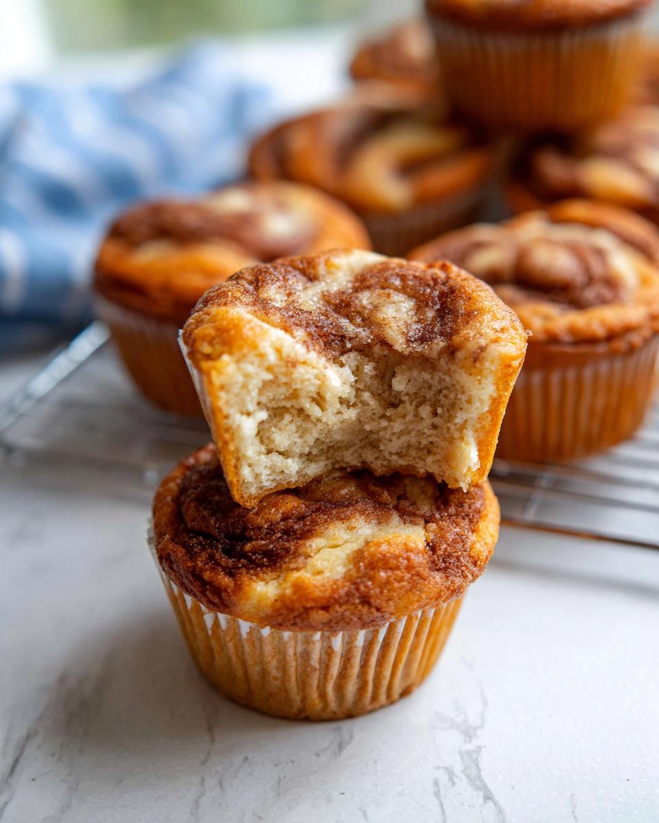 A close-up of a Cinnamon Roll Protein Muffin with a bite taken out, revealing a fluffy interior and cinnamon swirl.