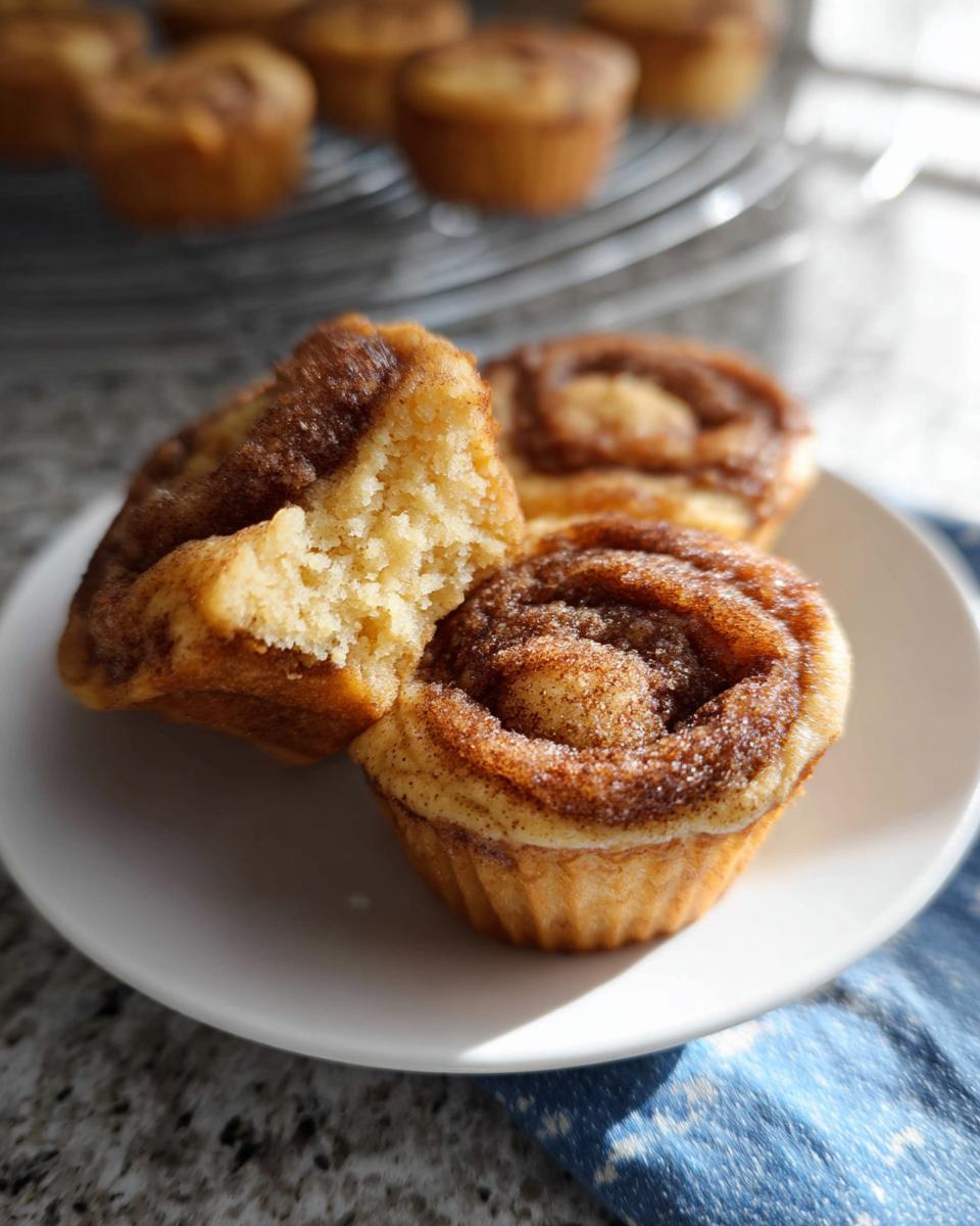 Close-up of a Cinnamon Roll Protein Muffin, with one muffin broken open to show the fluffy interior and cinnamon swirl.