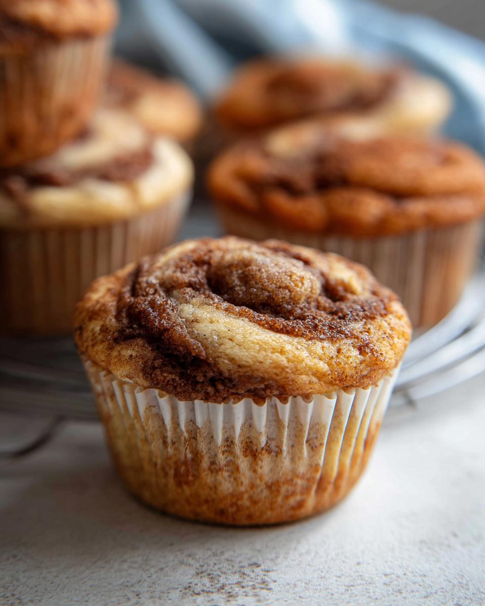 Close-up of a freshly baked Cinnamon Roll Protein Muffin with a swirl of cinnamon sugar on top.